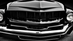 Photograph of a the front grill of a gorgeous, expensive, oldschool black muscle car with a big, black front grill, realistic, stylish, taken up close from the front of the car, symmetrical