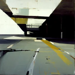 Minimal abstract oil paintings desolate 1960s carpark concrete fragments and naked bodies. style of Justin Mortimer and Francis Bacon. road markings.