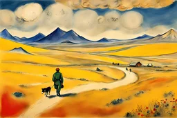 A Hungarian MAN are walking on a steppe ALASKA. A dog on the plain. Hills in the background. A military parachute in the sky.by marc chagall