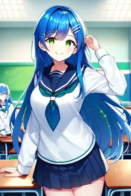 girl, masterpiece, best quality, cinematic lighting, detailed outfit, vibrant colors, perfect eyes, long hair, blue hair, green eyes, hairclip, indoors, ray tracing, god rays, in spring, classroom, sparkle, depth of field, smile, school outfit,