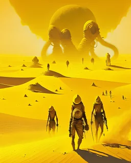 A surreal and dreamlike image of a vast desert landscape, with towering sand dunes and a bright yellow sun in the sky, casting long shadows over a group of figures wearing gas masks and carrying strange contraptions, as if exploring an alien world.