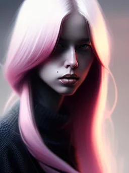 girl angry, beautiful, cute, bloody, long pink hair, black sweater, by Greg Rutkowski