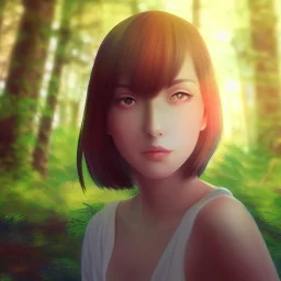 Insanely portrait of beautiful girl, beautiful face, sunny, relaxing, sea, trees, real details, hyper photo realistic, anime style, glowing forest, 8k