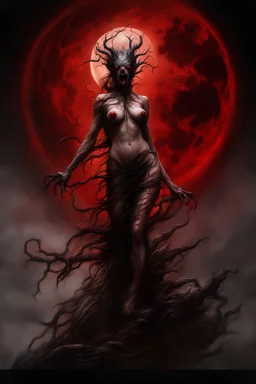 A dramatic digital painting portraying a horror monster under the Red Moon, veins pulsing, claws of temptation visible, soul in turmoil. In the style of Luis Royo and Boris Vallejo and Giger, vivid colors, swirling brushstrokes, highly detailed, 8k resolution, surrealistic., juicy emotions, painting, gloomy fantasy, gloomy day, dark world, portrait, oil and graphite, wide strokes, a weaving frame around, by Ryohei Hase, Agnes Cecile, Raymond Swanland, Anne Bachelier