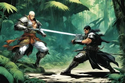 (in the style of Orion, by Masamune Shirow) a gangsta monk fight against a paladin knight in the jungle