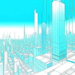 Digital illustration by Moebius and Frank Miller of a minimalist and digital city, colors are white, light blue and light green.