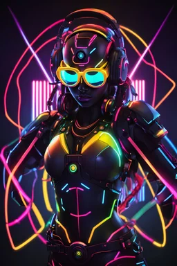 dj woman robotic fullybody headphone with sunglasses colorsfull glowing neon,light shining colorfull background sign colorsfull neon