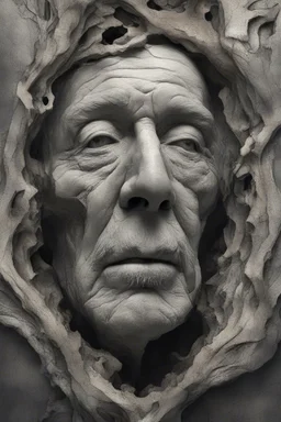 surrealis monochrome A fragmented, surreal sculpture liguid color of photorealistic image 3d,psychedelic art of an old man face glossy emerging from dreamlike a crumbling building. The face appears pale with deep cracks and intricate details, evoking a haunting expression. Blackened tree branches intertwine with the gold mengkilat cracks, set against a backdrop of stormy, cloud-filled skies. bauhaus art The overall tone is dark and moody, suggesting themes of decay and transformation. Include