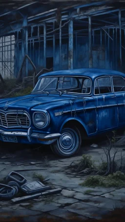 Bosch painting style nightmare , an old abandoned 1960 a dark blue show from a distance the whole view of Ford car