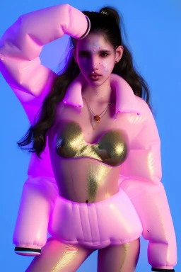 Ultra Realistic image, Rosalía artist, portrait, normal complexion, waist up portrait, long black eye line, sweet face, t-shirt with holes, inflatable open coat, gold pink and blue style, spray glow make up, geometric led jewelry, fog, hot, inflatable style latex coat, vibrant color, highly detailed, art stations, concept art, smooth, unreal engine 5, god rays, ray tracing, RTX, lumen lighting, ultra detail, volumetric lighting, 3d, finely drawn, high definition, high resolution.