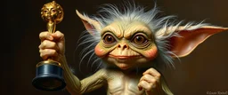 fluffy slimy alien creepy gremlin guy holding up the most retarded Oscar trophy, painted by Rembrandt