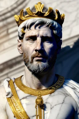 Realistic image, Roman sculpture made in white marble with gold veins, Lionel messi with gold laurel leaves crown, two blue brushes, decorative star on the chest, waist up portrait, marble material, gold ornaments, Baroque style, sun rays background, epic, celestial, cinematic lighting, God lights, 4k resolution, smooth details, soft lighting, unreal engine 5, art station, substance 3d.