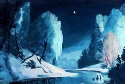 night, moon, people, pine trees, vegetation, river, ice, winter, mountains, edouard manet painting