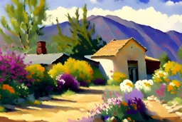 Sunny day, rocks, clouds, house, dirt road, trees, flowers, mountains, watercolor paintings