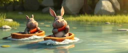 realistic ghibli crazy cute small fluffy hippo bunny with friends, eating hot dogs, while sailing down a stream on small boats