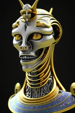 Silver alien, head, wicked, black eyes, blood, 8k, finely detailed, photo realistic, Anunnaki black male African Egyptian alien, cracks in the voodoo head, wicked, eyes, crown, Elephant, 8k, finely detailed, photo realistic, tiger turquoise skull head gold dragon space alien sun skeleton gold olmec silver crown silver eyes