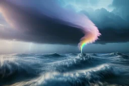 precise digital photo of a rgb random multicolour tornado made of smoke particles, over a stormy ocean, high waves colliding with the smoke, foam, intricate, 8k, extremely detailed, cgi, hyperrealistic render, volumetric lighting, impressive volumetric clouds, vitality colors, double precision