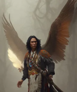 shaman, male native american, long black hair, black hooded coat like wings, 8k resolution concept art portrait by Greg Rutkowski