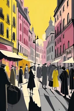 French animation arcane style.Yellow pink and grey, kandinsky style. Modern City street crowded by people with no faces covered by black hoods