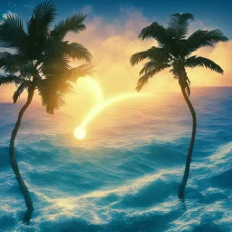 1980's vaporwave aesthetic palm trees with lightning with solar eclipse in the ocean waves sunset