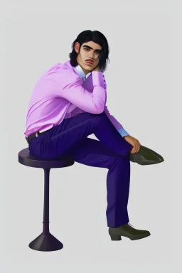 A guy with black hair, sitting on a chair, wearing a beautiful white shirt with pleats. in trousers with pleats