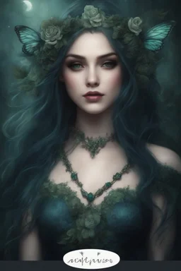 Dark green hair, elven crown, roses emerald, Water lilies, long hair lotus ,night, Fairy princess rapunzel hair ,queen crown, dragonflies fireflies ,elven tiara ,flowers, fairy wings, gothic, dark green ,fairy crown,butterflies