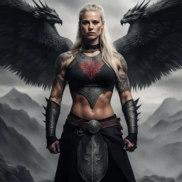 muscle viking woman with dragon back tattoo that extends down her arms, it is the blood eagle: a method of ritual execution