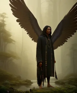 native american shaman, wise man, long black hair, black hooded coat like wings, 8k resolution concept art portrait by Greg Rutkowski