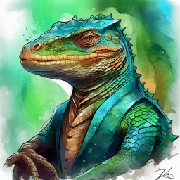 dnd, fantasy, watercolour, humongous strokes, stylistic, portrait, illustration, anthropomorphic lizard, furaffinity