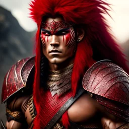 Barbarian anime character, animal hide armor, physically fit, tribal tattoos, scars, washboard abs, red facepaint, red hair, dark eyeshadow, intricate eyeliner, soft round eyes, beads in hair, 8k resolution, cinematic smooth, intricate details, vibrant colors, realistic details, masterpiece, oil on canvas, smokey background