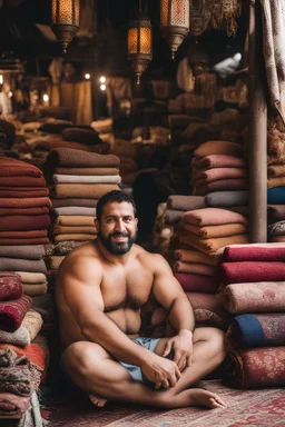 close up photography of a burly beefy strong 35-year-old arab in Istanbul bazaar, shirtless, selling carpets sitting on a pile of carpets, biig shoulders, manly chest, very hairy, side light, view from the ground