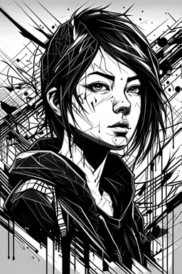 create a simple abstract, deeply powerful tragic and evocative, black and white vector style, raw and weathered gothpunk female, lost in a horrific post apocalyptic world , searing lines and forceful strokes