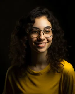 Jeune femme au sourire éclatant, longue et élancée, button nose, strong proeminent jawline, cheveux noirs, longs, bouclés et volumineux, porte de grandes lunettes rondes à la monture transparente. Elle porte un t-shirt de couleur jaune moutarde avec une chemise florale transparente. Rembrandt style lighting, 8k, portrait, HD.