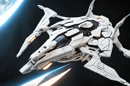 sci-fi spaceship in the style of EVE-online (((side view: 1.4))) , cubically angular shapes, rounded structural elements, rectangular portholes, illuminated from the inside, volumetric light, even lighting, sci-fi design, white color,sky-fi design, view from space, Cinestill 800T octane render, ward winning intricate detail realism 8K Octane, Blender, ,cyborg style