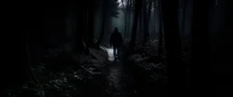 walking through a dark forest, sad vibe, waist down