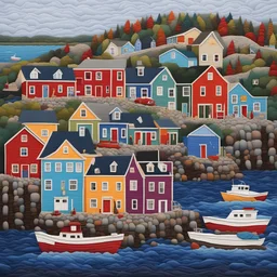 A vibrant and picturesque Newfoundland fishing village, capturing the essence of quilt work in a three-dimensional relief. The intricate details and vibrant colors bring this charming coastal village to life, showcasing the unique visual style of quilting. Every house, boat, and street come together like patchwork, creating a stunning visual tapestry that immerses you in the rich and colorful culture of this captivating seaside community. Embark on a journey through this whimsical and textured w