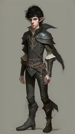 boy elf,he has curly, black hair and sharp cheekbones. His eyes are black. He wears fantasy medieval clothes. he is lean and tall, with pale skin, full body with boots, full body back view