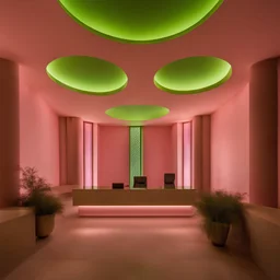 persian style , yazd ,Muqarnas architectural,photography, perspective, interior space, vertical light panels transition from pink to acid green hues, creating an ethereal gradient effect, modernism, expert, with a minimalist reception desk subtly lit to enhance the sleek design, foreground, a large, raw stone adds a touch of organic texture, used camera is Sony α7R IV, paired with a Sony FE 24-70mm f/2. 8 GM lens, set to an aperture of f/8 for optimal depth of field and sharpness, shutter speed