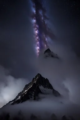 looking up from below at one single mountain sharp face rises out of the misty foreground into the night sky background.