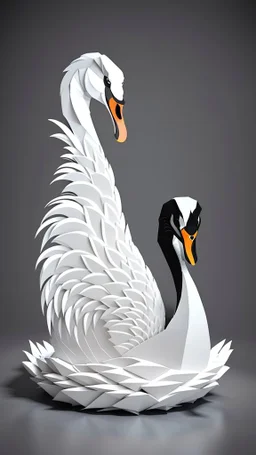 3d paper cut illustration on grey background, cool swan face creature in a lake with dynamic and vibrant designs, edgy and modern, layering, deep shadows of vector layers, intricated details