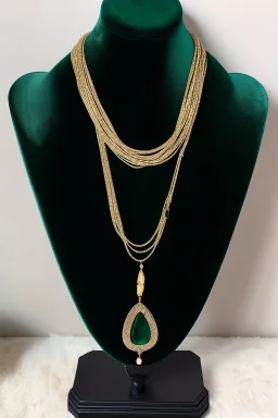 dark green velvet Necklace Mannequin Stand on a luxury table