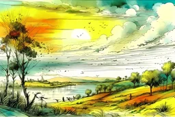 watercolor ,landscape, many colors, detailed, colorize, white background