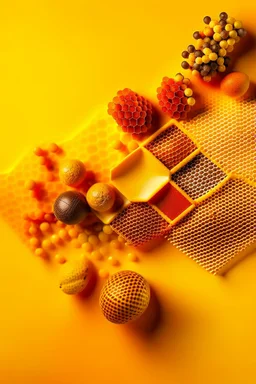 honeycombs of different colors and different sizes behind yellow background behind without bee