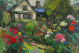 English cottage garden in the style of frank Auerbach