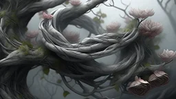 Multiple entanglements between a twisted thin piece of cloth as part of many twisted branches, between which small blooming flowers disappearing into the distant mist, epic photo, sharp on very detailed skin with wrinkles and high contrast, photorealistic, 4K, 3D, realism, hyperrealism, detail , good lighting , detailed texture, modern photography style, 3D, 4D, 4K --2:3