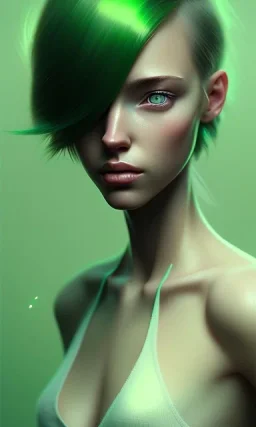 girl, cute, beautiful, green hair, casual clothes, head and shoulders portrait by Greg Rutkowski