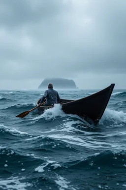 Man sitting in a boat rowing In an rough waves of ocean trying to reach an island in a distance in a bad stormy wether