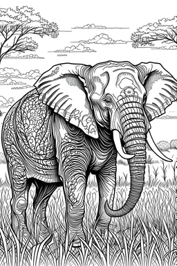 A mighty elephant with large tusks, gracefully strolling through the grassy savannah., Coloring book, no color, more white, fantasy style, please perfect hands