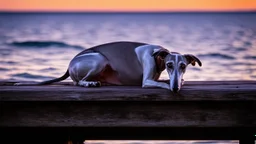 A poignant photograph of a solitary greyhound resting on an aged wooden dock. The dog's sleek, silver-gray coat contrasts with the weathered wood beneath it. Its head hangs low, exuding a sense of sadness and loneliness, while its eyes seem to hold a story of its own. The sky above is a mesmerizing blend of dusky purple and orangish hues, with the last rays of the setting sun casting a warm glow on the calm, deep blue water. The ripples reflect the beauty of the sky, accentuating the dog's melan