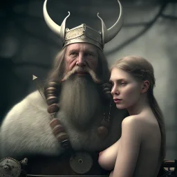 A viking and his wive having a bath, scary, steam punk, realistic, made in octane, cinematic, ultra-realistic, extremely detailed octane rendering, 8K, VRAY Super Real ar 2:3, dof photorealistic futuristic 50mm lens hard lighting dark gray tintype photograph, realistic lighting, sepia color